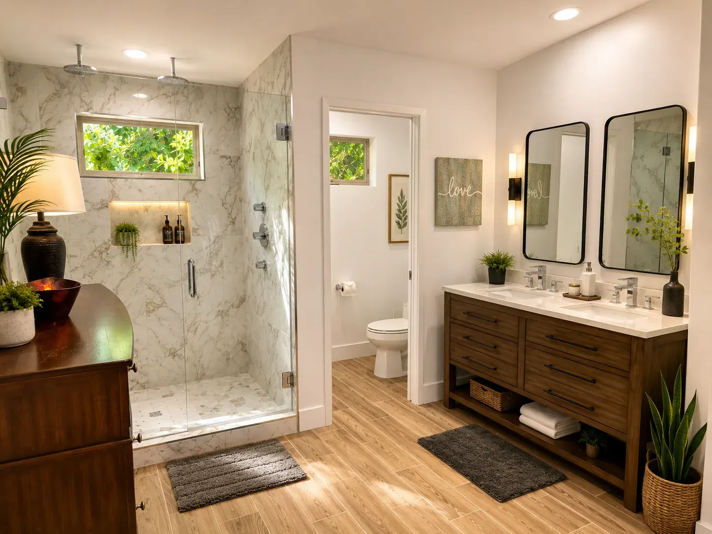 Spa-style bathroom with a walk-in shower and double vanity at Mental Wellness KS