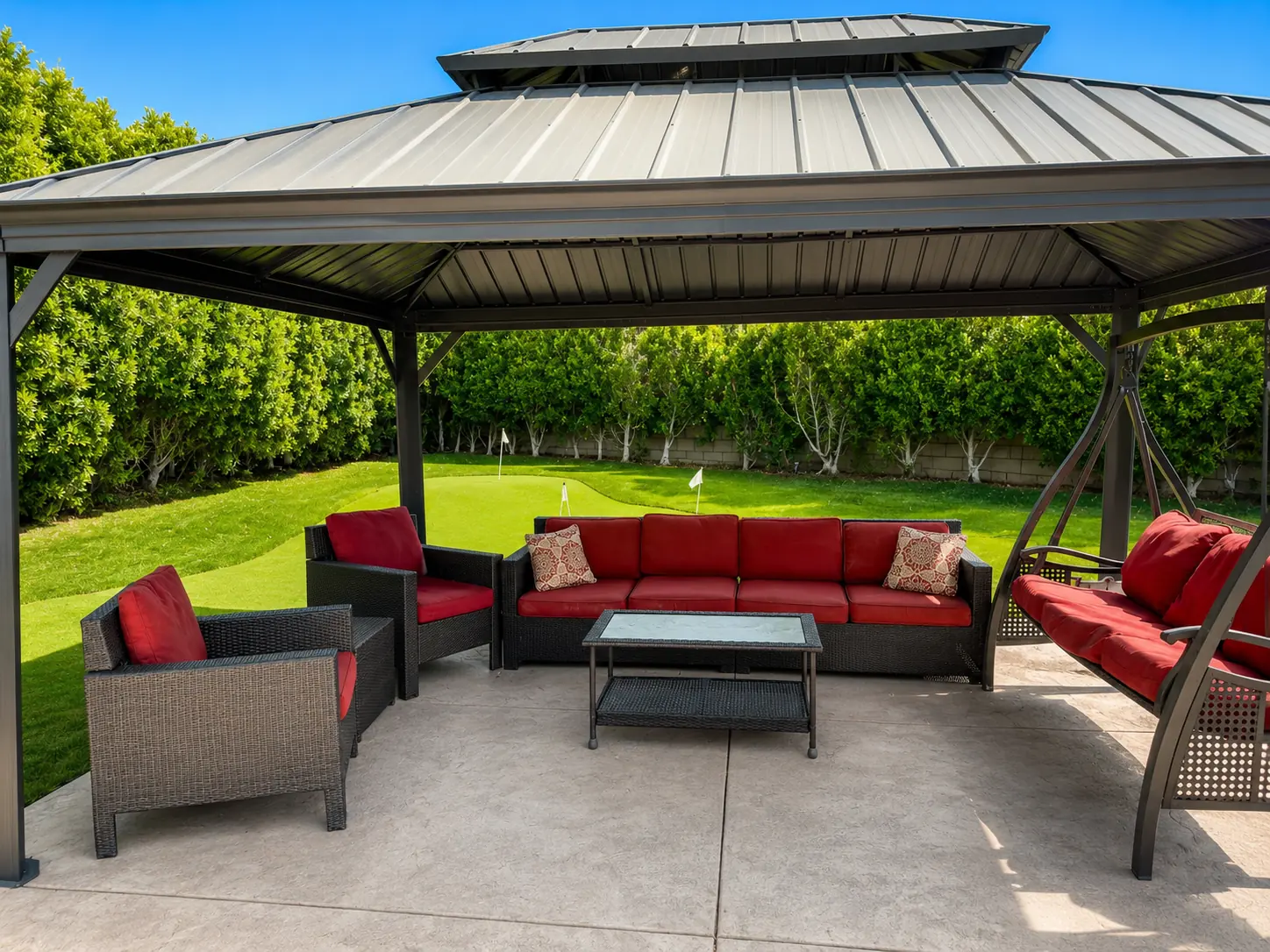 Covered outdoor lounge area at the Mental Wellness KS residential mental health facility in Palm Springs, California